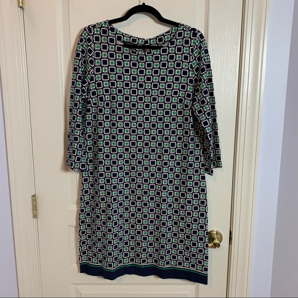 TALBOTS BLUE GREEN WHITE GEOMETRIC‎ SHIFT DRESS - Picture 1 of 4